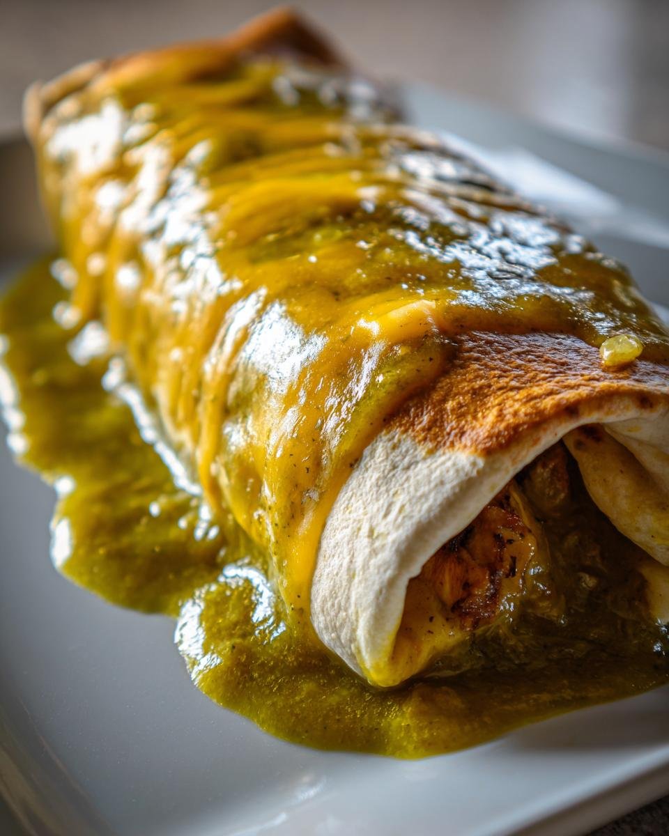 Close-up of a Smothered Green Chile Chicken Burritos covered in vibrant green chile sauce and melted cheese.