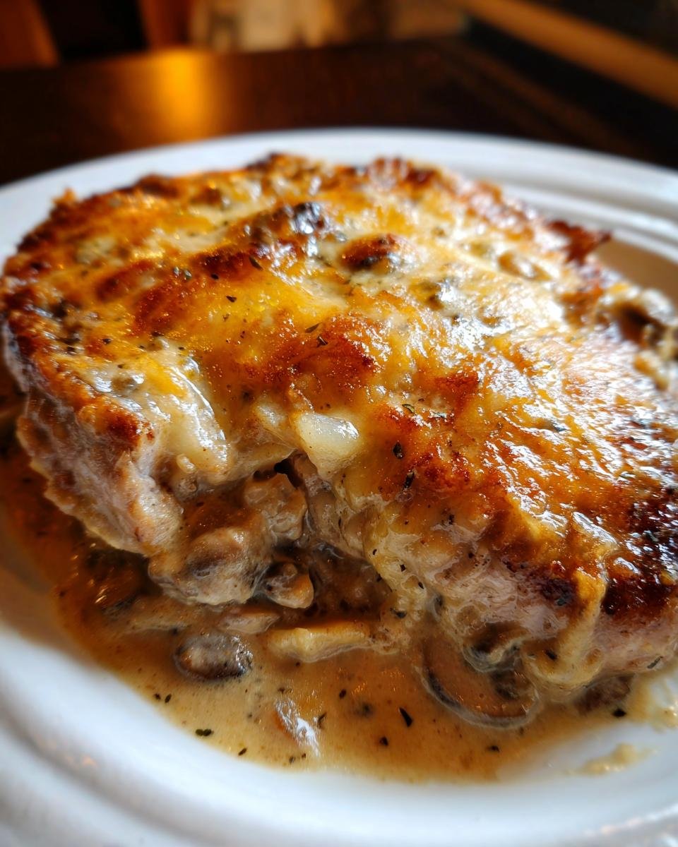 Close-up of a Smothered Pork Chop And Scalloped Potato Casserole with melted, browned cheese topping.