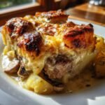 A close-up of a serving of Smothered Pork Chop and Scalloped Potato Casserole with browned cheese topping and creamy sauce.
