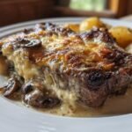 Close-up of a Smothered Pork Chop And Scalloped Potato Casserole slice topped with melted cheese and mushrooms.