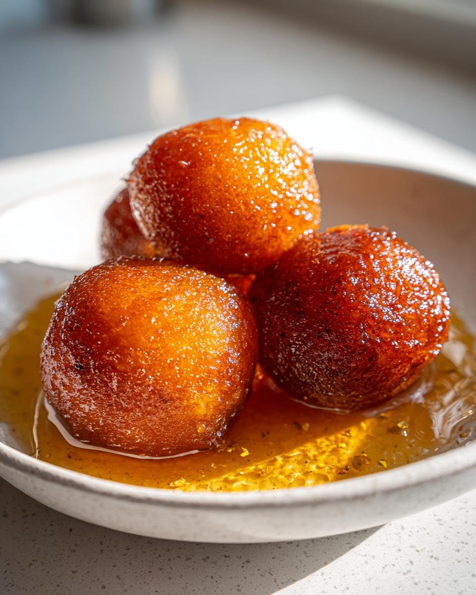 Three golden-brown, soft Gulab Jamun balls soaking in sweet, glistening sugar syrup in a small white bowl.