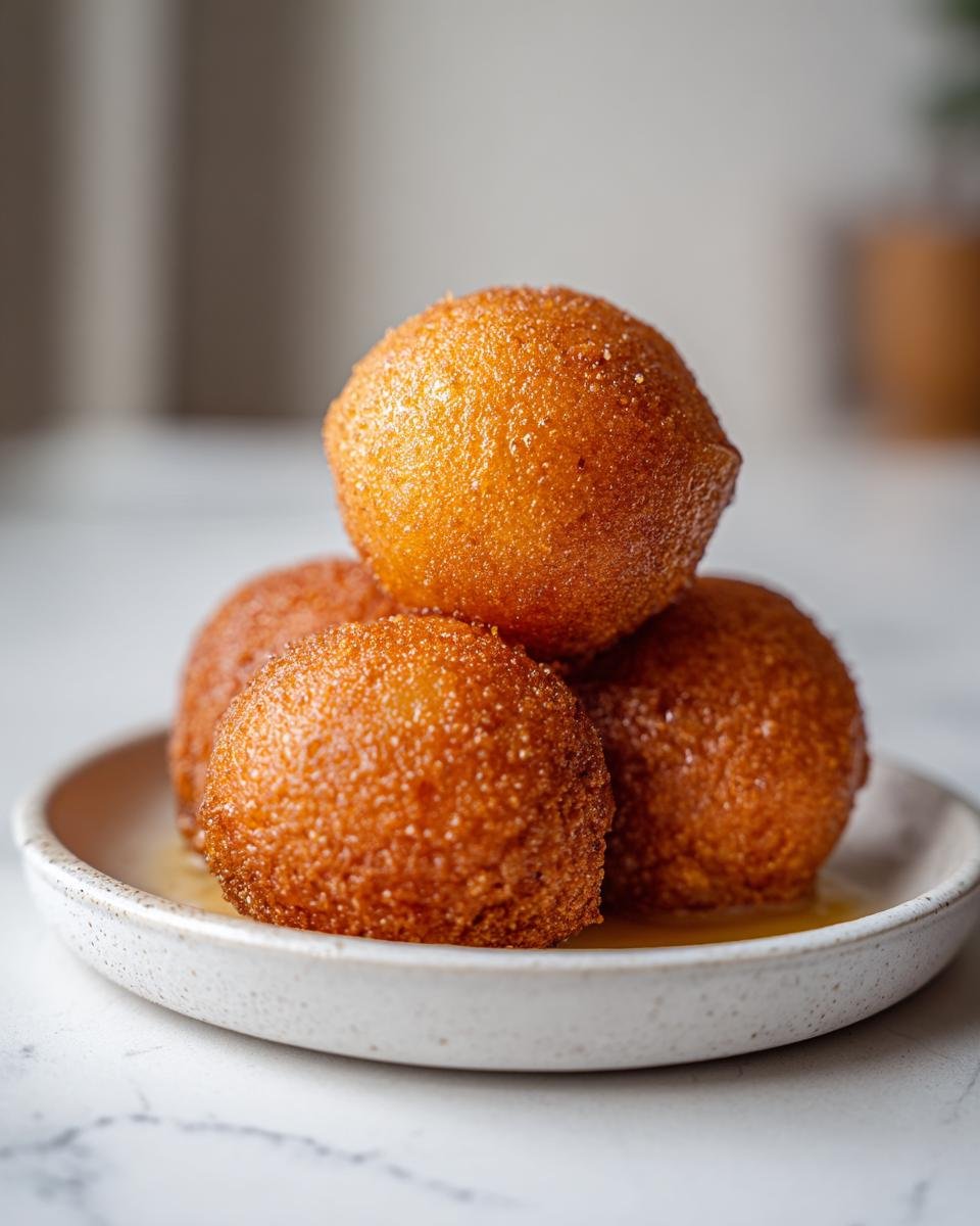 Close-up of four golden-brown, syrup-soaked Gulab Jamun stacked on a small, speckled white plate.