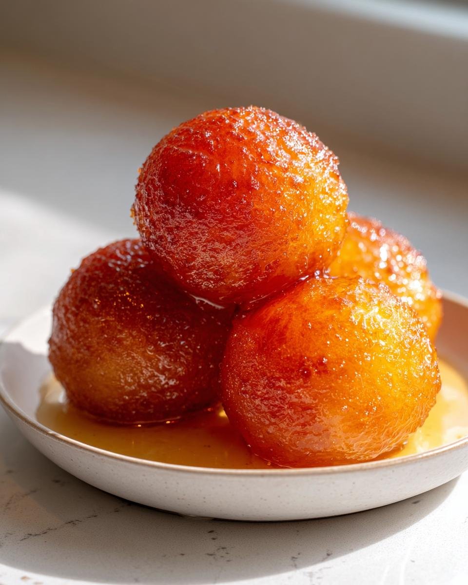 Close-up of four golden-brown, syrup-soaked Gulab Jamun piled in a small bowl.