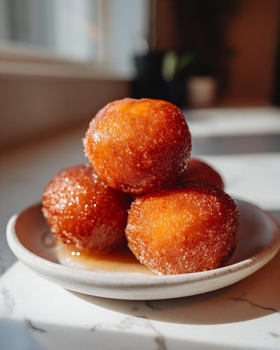 Four golden-brown, syrupy Gulab Jamun balls stacked on a small white plate, glistening in the sunlight.