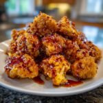 A close-up of crispy Southern Hot Honey Cauliflower Bites piled high on a white plate, dripping with sweet and spicy glaze.