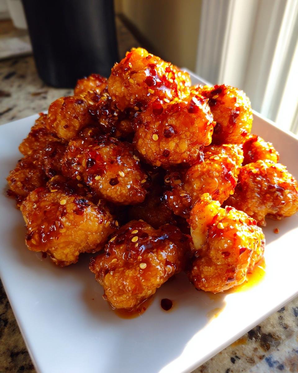 A pile of crispy Southern Hot Honey Cauliflower Bites generously coated in a shiny, spicy glaze with visible chili flakes.