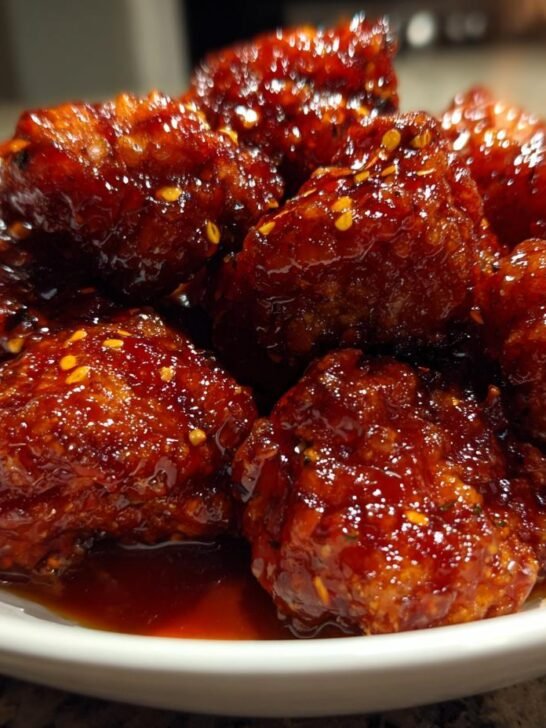 Close-up of crispy Southern Hot Honey Cauliflower Bites coated in a thick, shiny, spicy-sweet glaze with visible chili flakes.