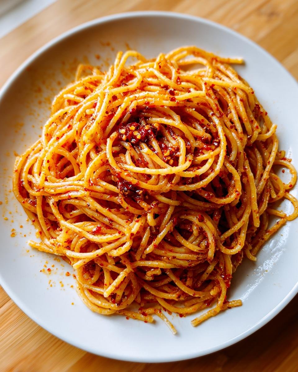 A close-up overhead shot of spaghetti coated generously in a bright red, spicy Chili Oil Pasta sauce served on a white plate.