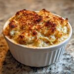 Close-up of a single serving of creamy Spaghetti Squash Au Gratin with a golden, crispy breadcrumb topping.