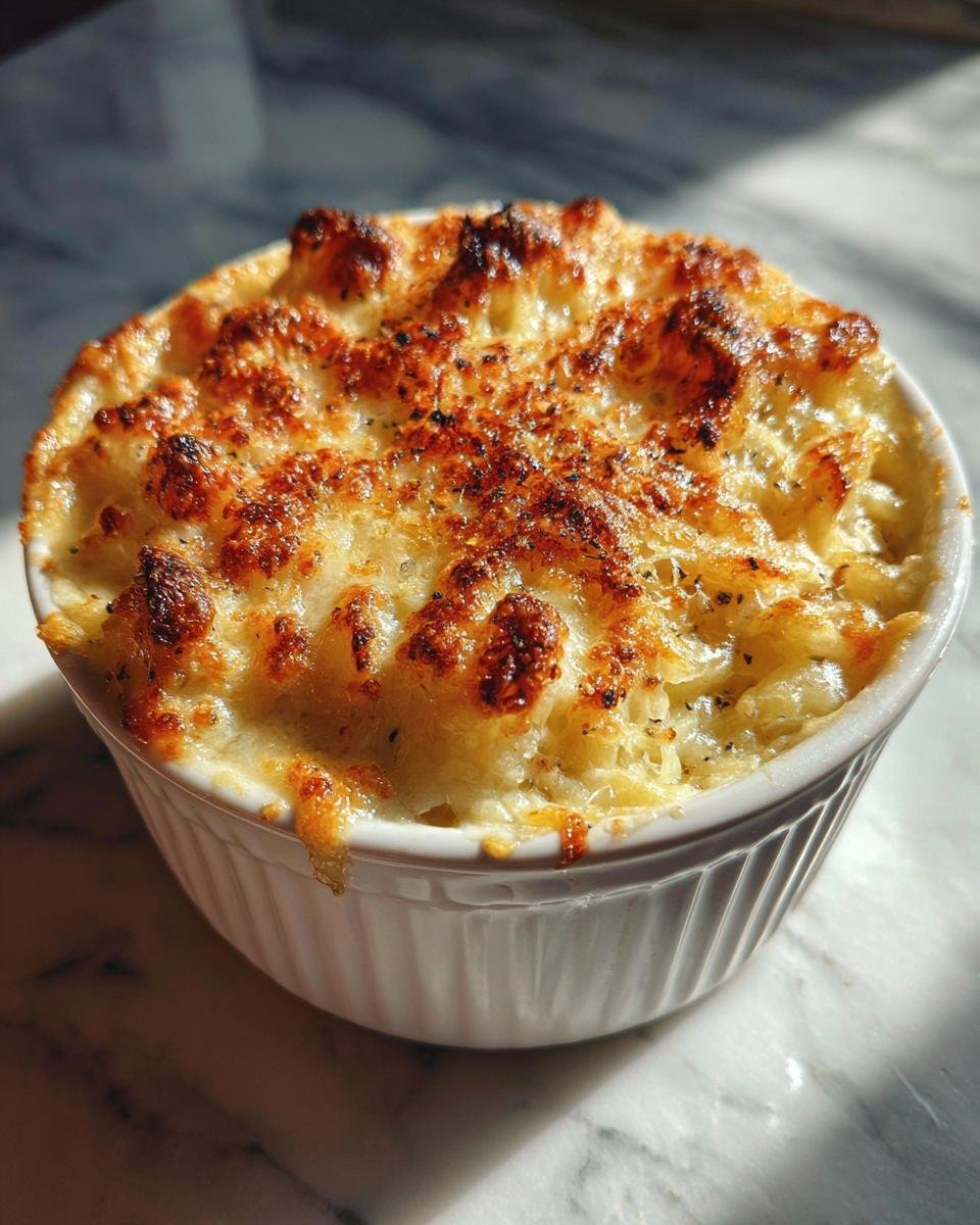 Close-up of individual serving of Spaghetti Squash Au Gratin with a bubbly, browned cheese crust.