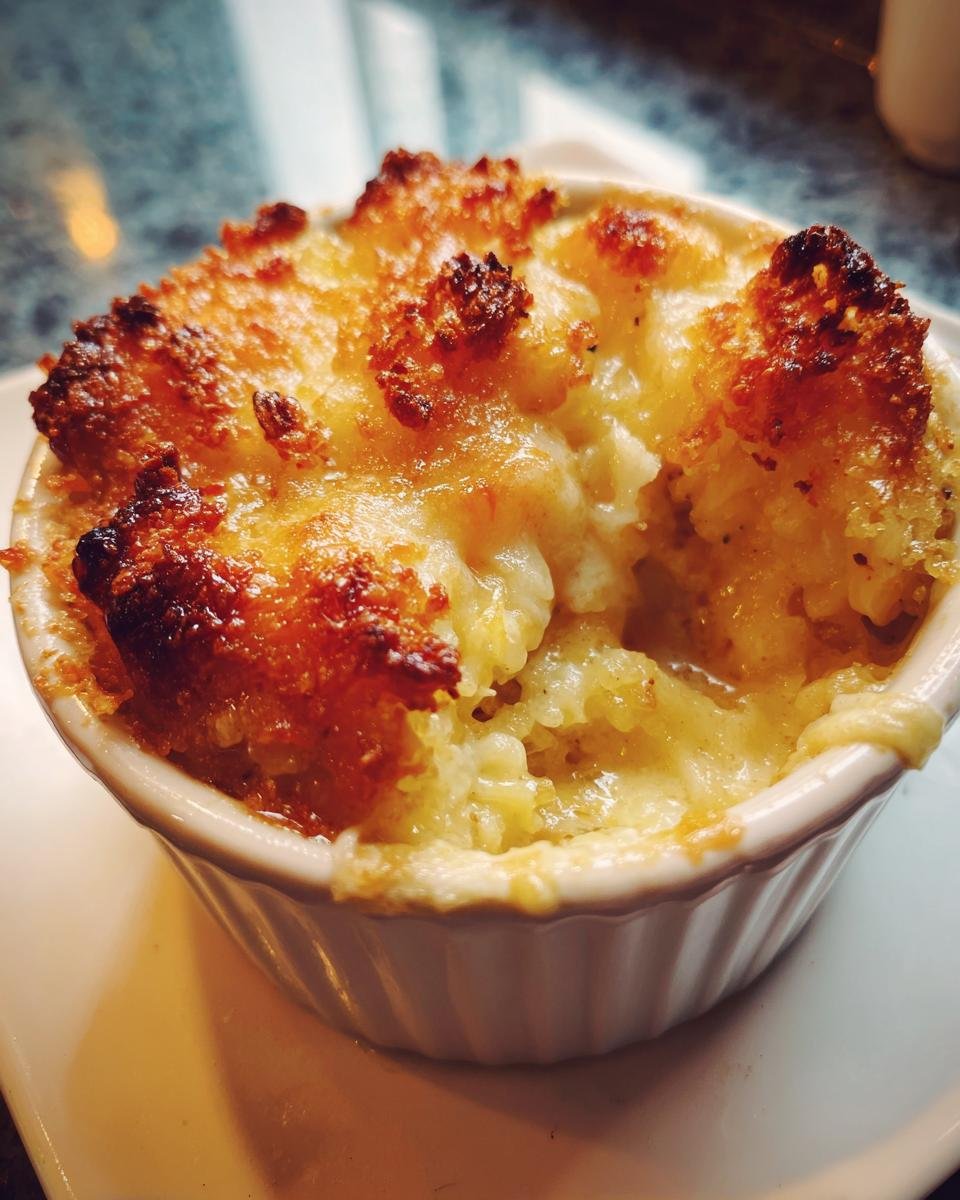 Close-up of a single serving of cheesy Spaghetti Squash Au Gratin with a golden brown, bubbly crust.
