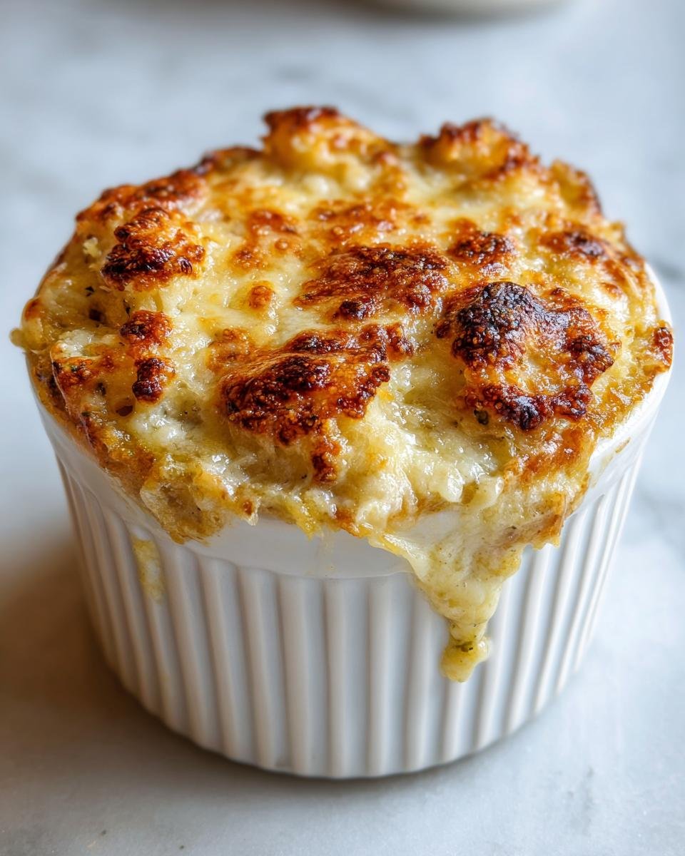 Close-up of a single serving of rich Spaghetti Squash Au Gratin with a bubbly, browned cheese topping.