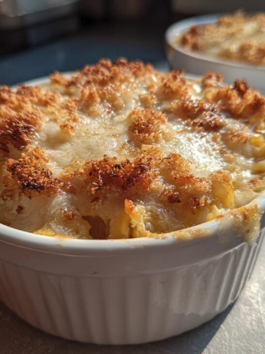 Close-up of a single serving of golden brown Spaghetti Squash Au Gratin with a crispy topping in a white ramekin.