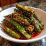 Close-up of bright green cucumber spears coated in red chili paste and sesame seeds for Spicy Korean Cucumber Salad Recipe.