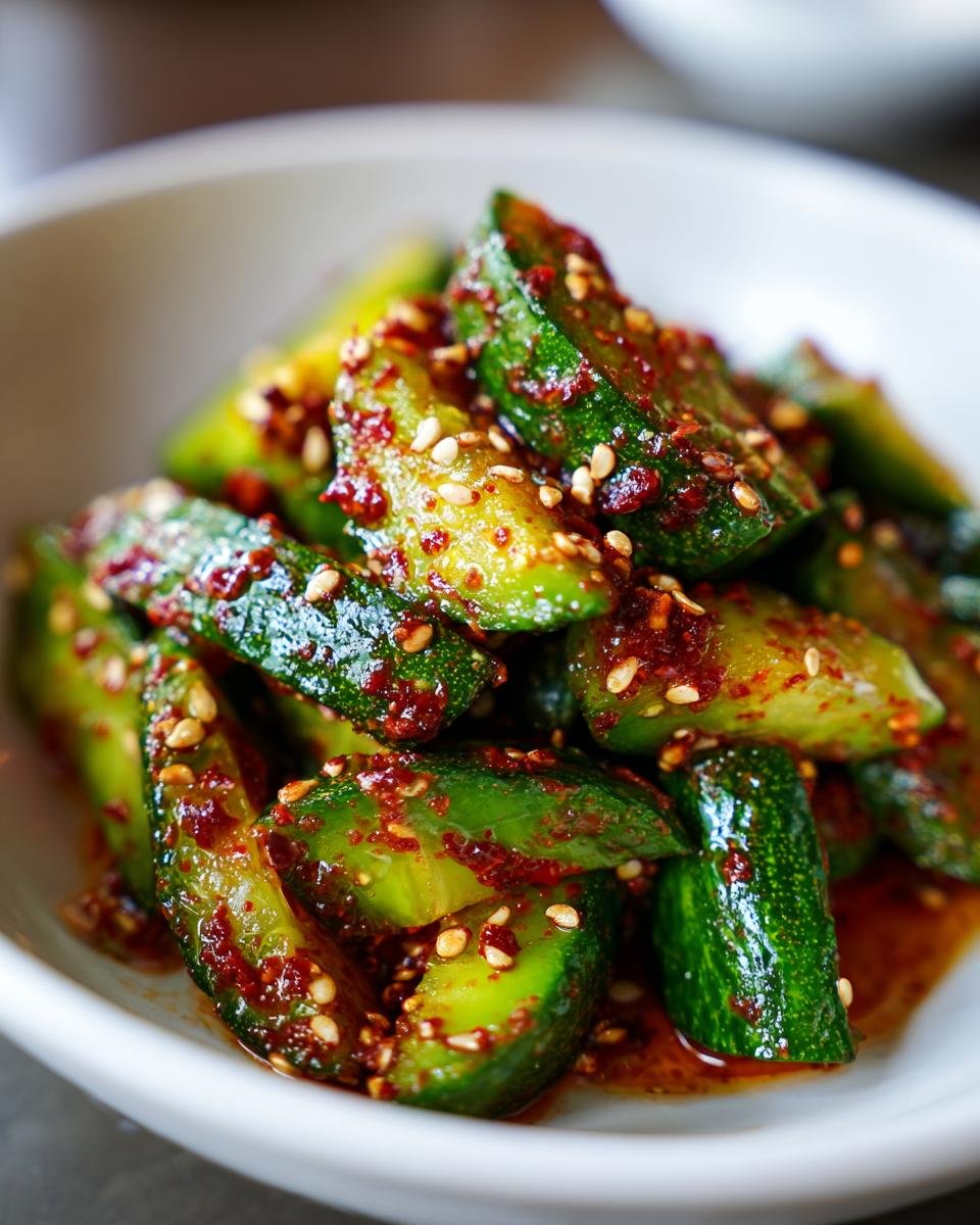 Close-up of vibrant green cucumber pieces coated in red chili paste and white sesame seeds for a Spicy Korean Cucumber Salad Recipe.