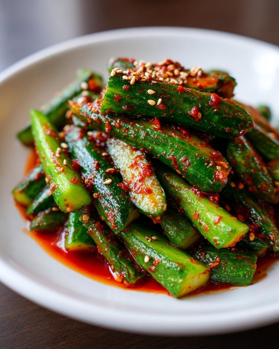 A close-up of vibrant green cucumbers coated in red chili paste, served on a white plate as part of a Spicy Korean Cucumber Salad Recipe.