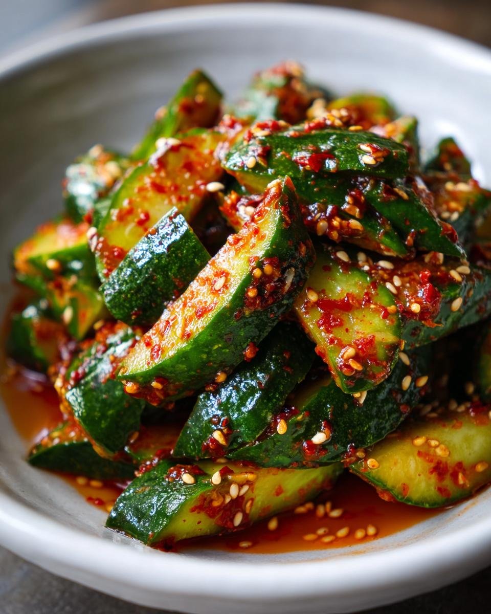 Close-up of vibrant, glossy chunks of Spicy Korean Cucumber Salad Recipe coated in chili flakes and sesame seeds.