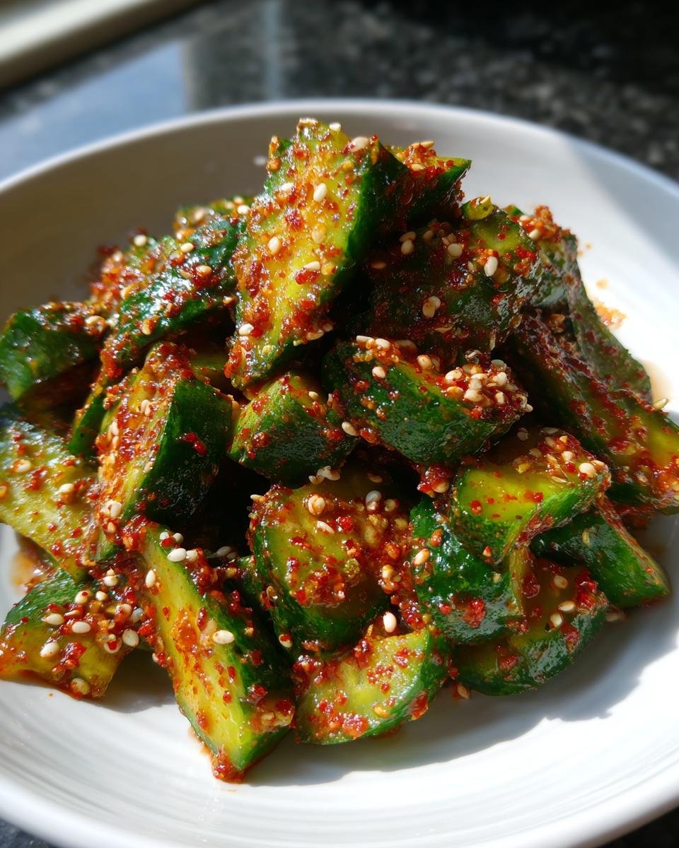 Close-up of crunchy cucumber pieces tossed in red chili flakes and sesame seeds for a Spicy Korean Cucumber Salad Recipe.