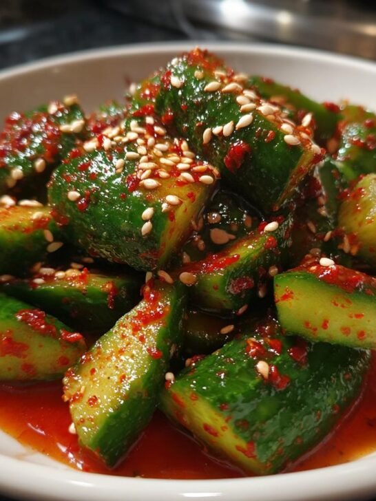 Close-up of vibrant green cucumber chunks coated in red chili paste and sesame seeds for a Spicy Korean Cucumber Salad Recipe.