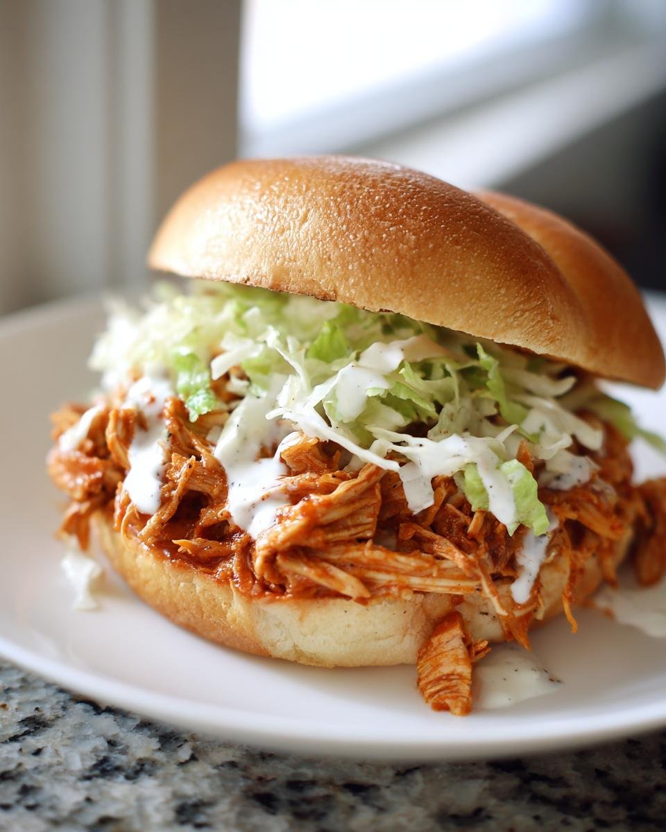 A close-up of a Spicy Shredded Buffalo Chicken Sandwich piled high with shredded chicken, coleslaw, and ranch dressing on a soft bun.