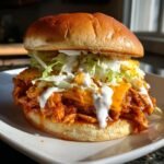 A tall Spicy Shredded Buffalo Chicken Sandwich with melted cheese, lettuce, and ranch drizzle on a brioche bun.