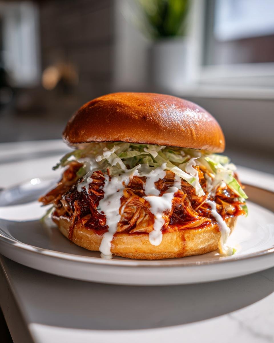Close-up of a Spicy Shredded Buffalo Chicken Sandwich with creamy sauce and coleslaw on a toasted bun.
