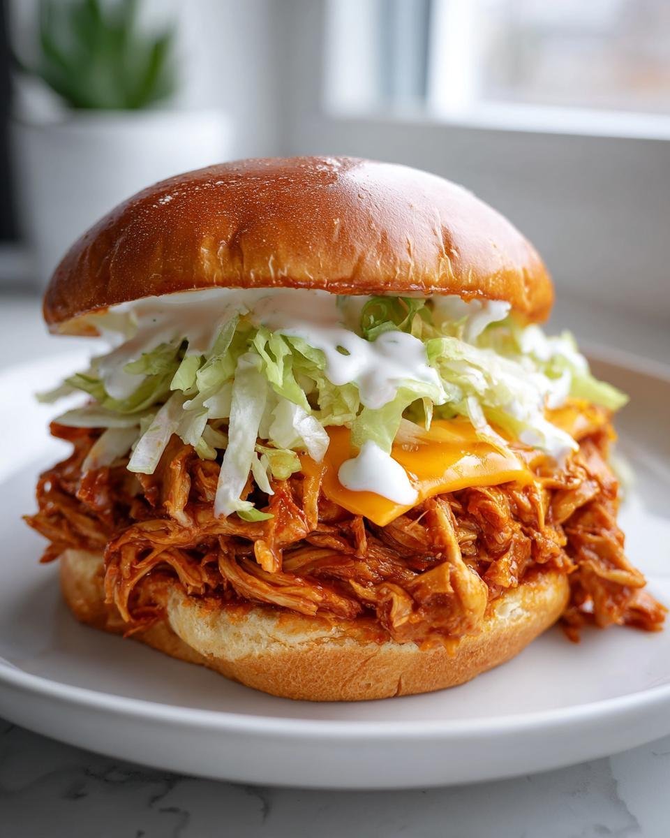 A close-up of a Spicy Shredded Buffalo Chicken Sandwich piled high on a brioche bun with cheese, lettuce, and ranch dressing.