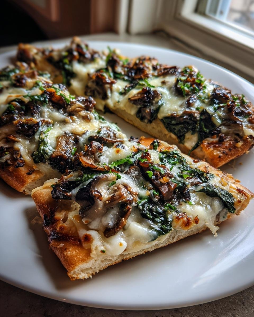 Close-up of three slices of Spinach Mushroom Naan Pizza topped with melted cheese, dark mushrooms, and green spinach.