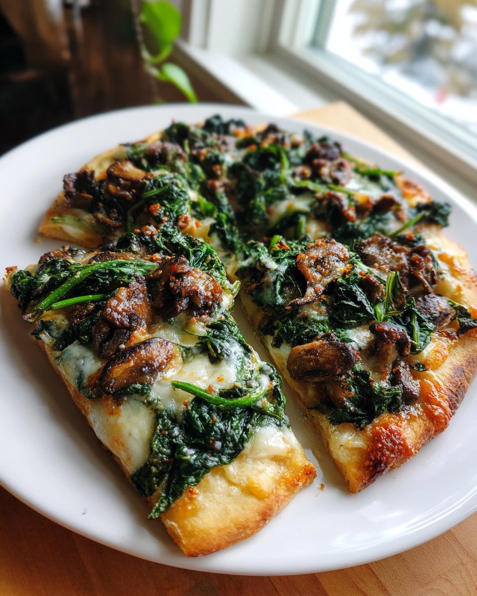 Close-up of three slices of Spinach Mushroom Naan Pizza topped with melted cheese, dark mushrooms, and vibrant green spinach.