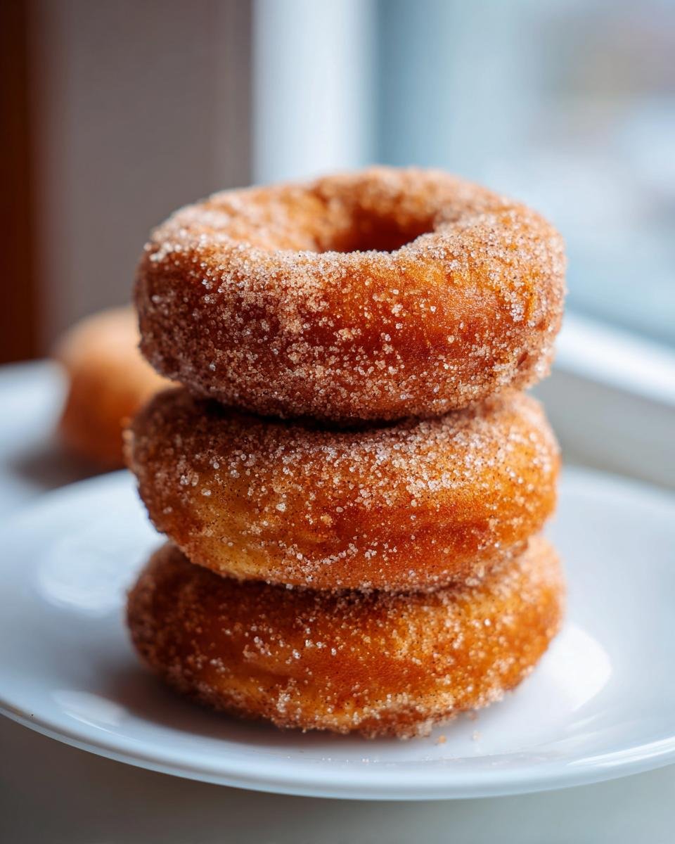 A stack of three freshly made Apple Cider Donuts Recipe coated in cinnamon sugar, resting on a white plate.