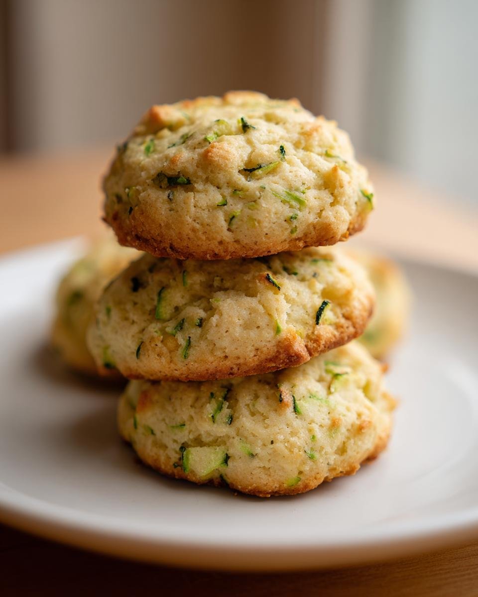 A stack of three soft, golden Zucchini Cookies dotted with green shredded zucchini pieces, resting on a white plate.