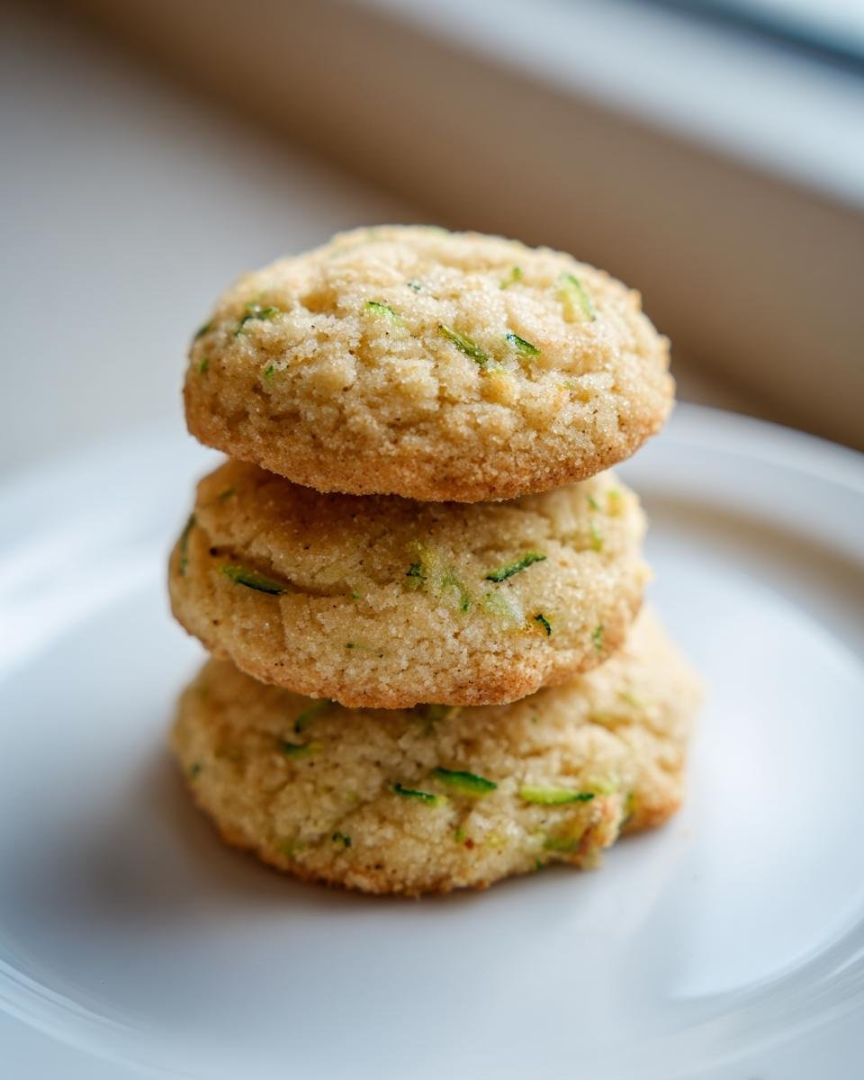 A stack of three soft, golden Zucchini Cookies showing visible shreds of green zucchini baked inside.