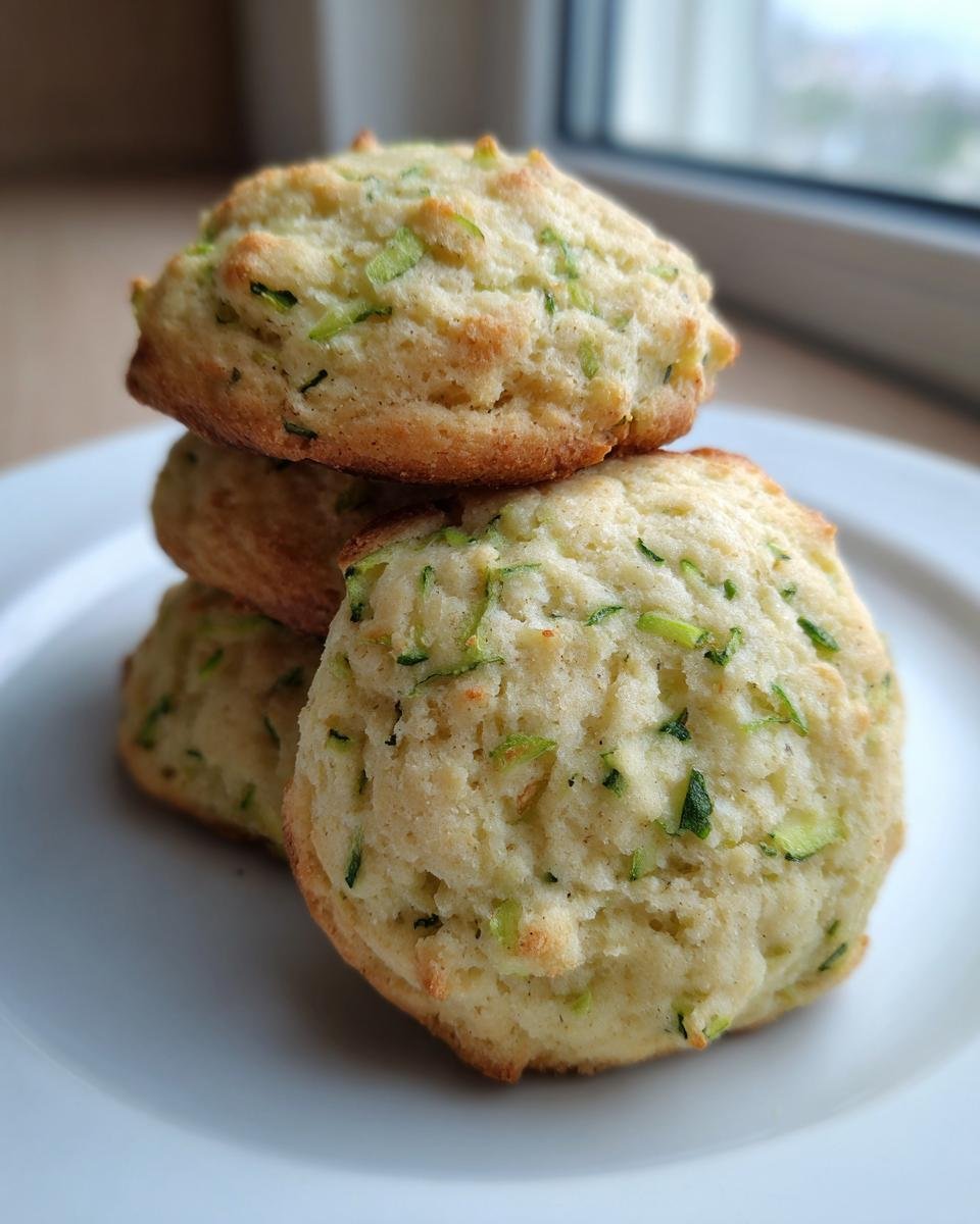 A stack of three light-colored, soft Zucchini Cookies showing visible green shreds of zucchini throughout the dough.