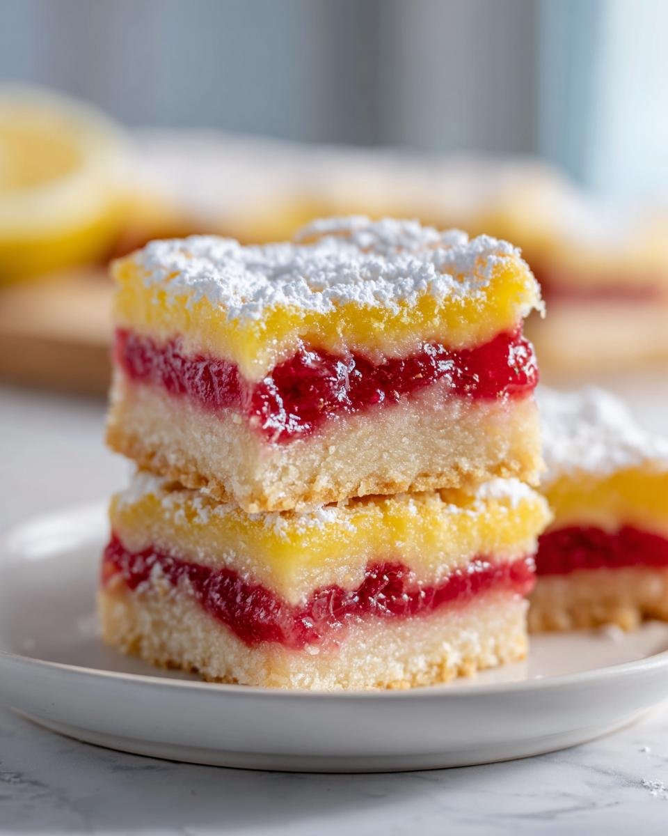 Two stacked squares of Raspberry Lemon Bars showing a shortbread crust, raspberry jam, and lemon filling, dusted with powdered sugar.
