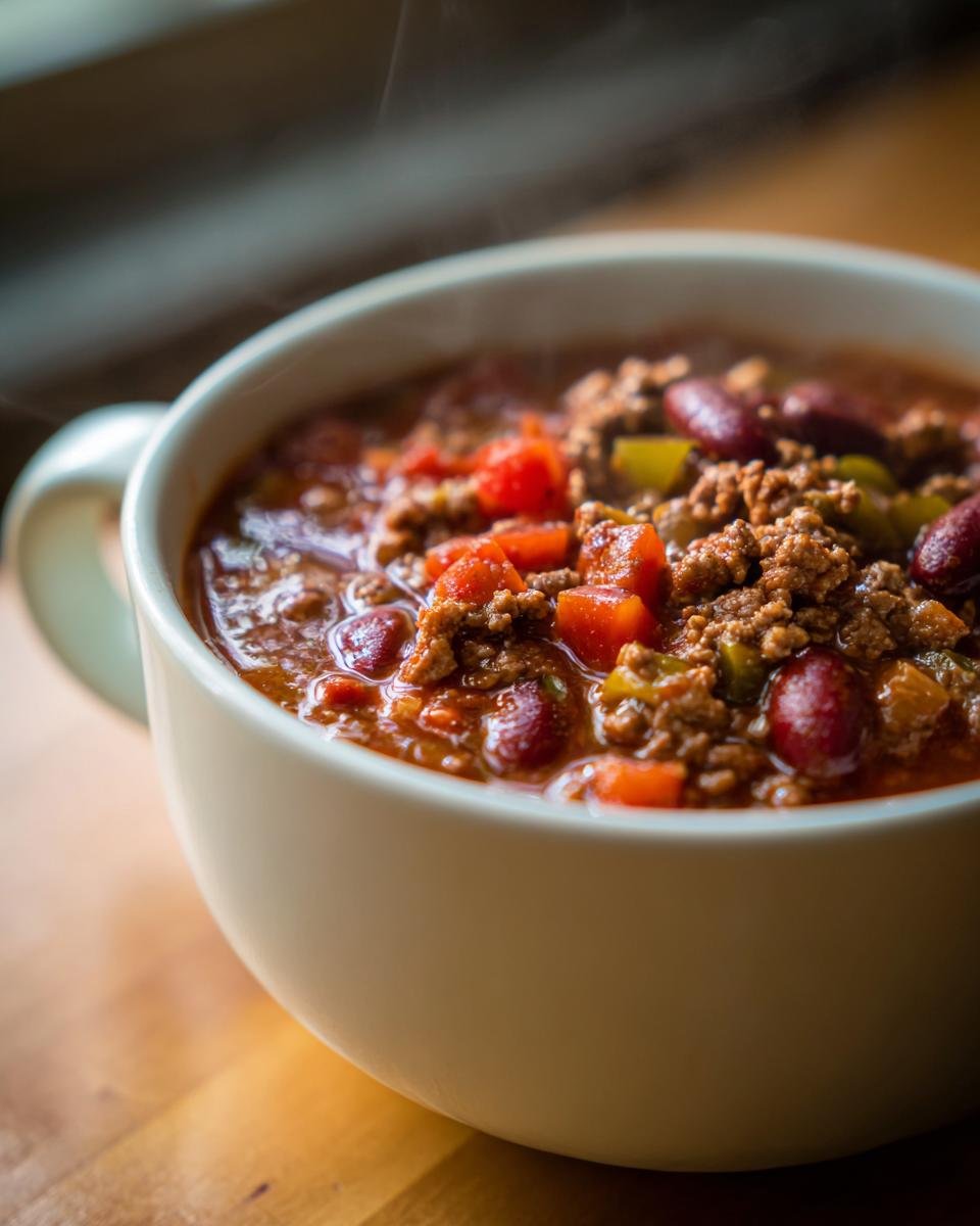 Close-up of a steaming white mug filled with Easy Taco Soup, showing ground beef, kidney beans, and diced tomatoes.