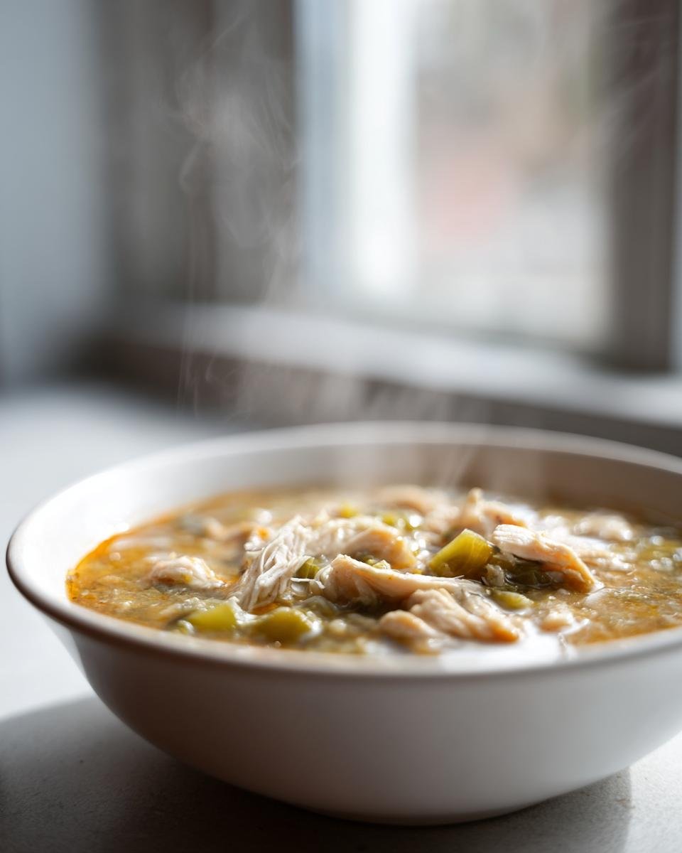 Close-up of a white bowl filled with hot, steaming Green Chile Chicken Stew, featuring shredded chicken and green chiles.