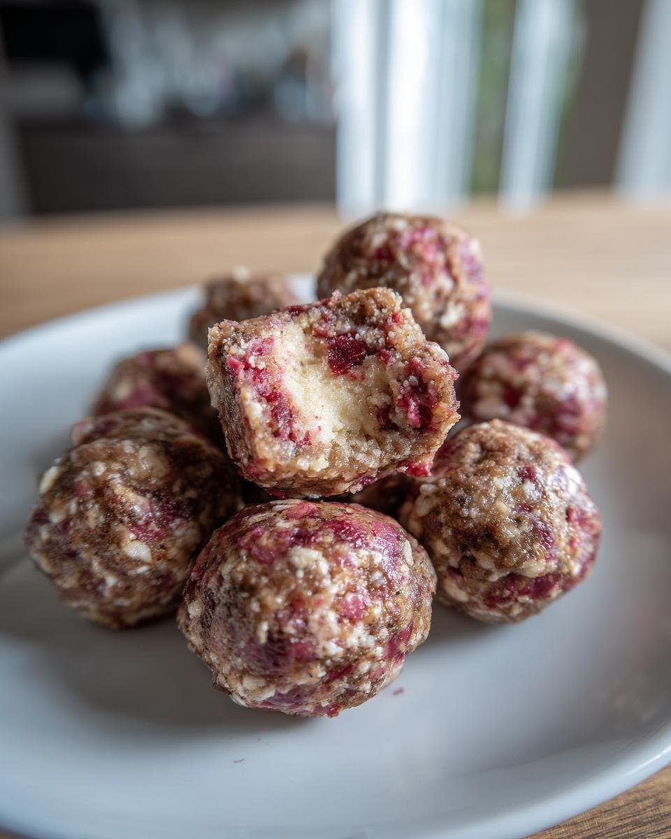 A stack of homemade Strawberry Cheesecake Protein Balls, one cut open showing the creamy center and red berry pieces.