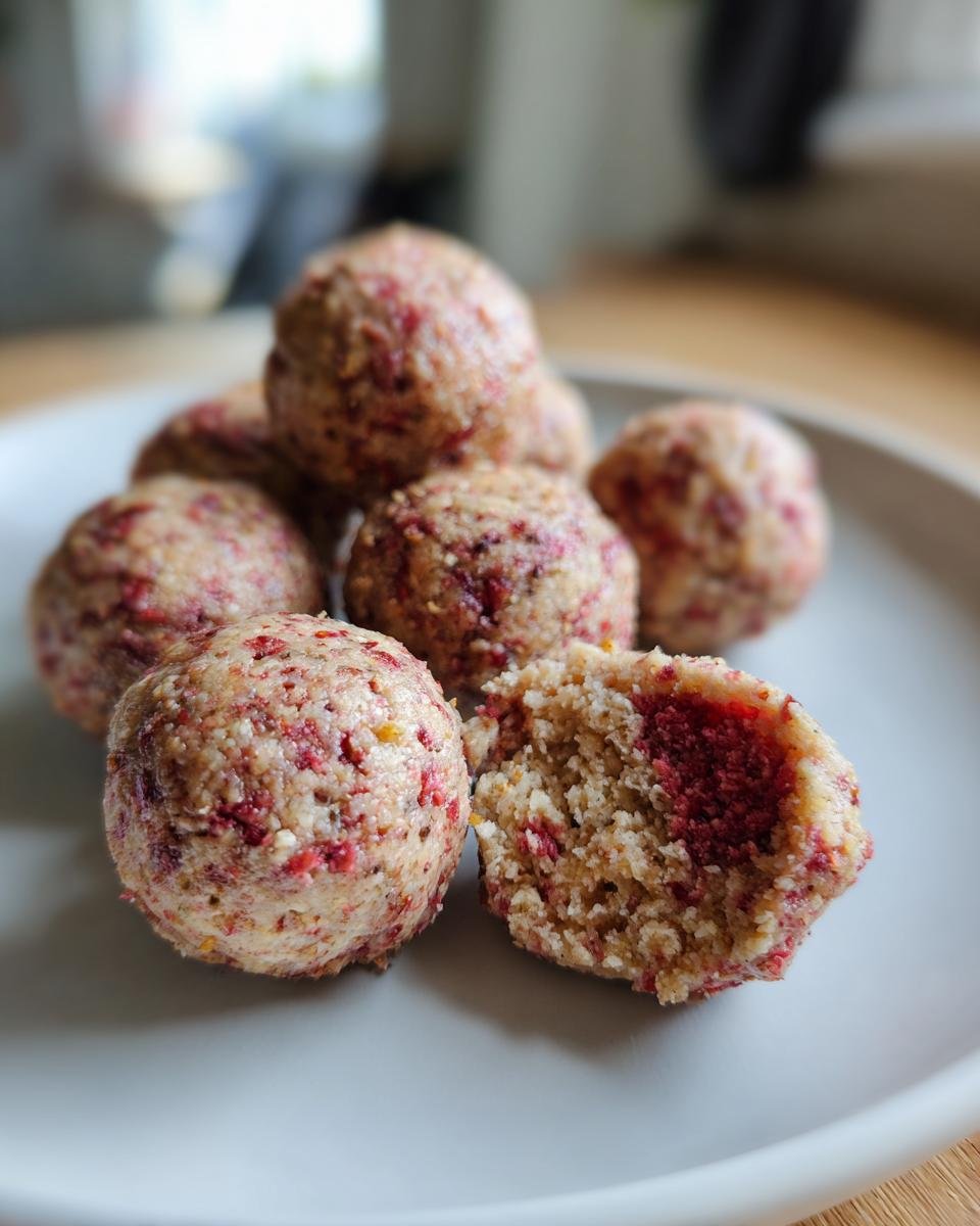 A pile of Strawberry Cheesecake Protein Balls on a light gray plate, one is broken open showing the pink/red center.