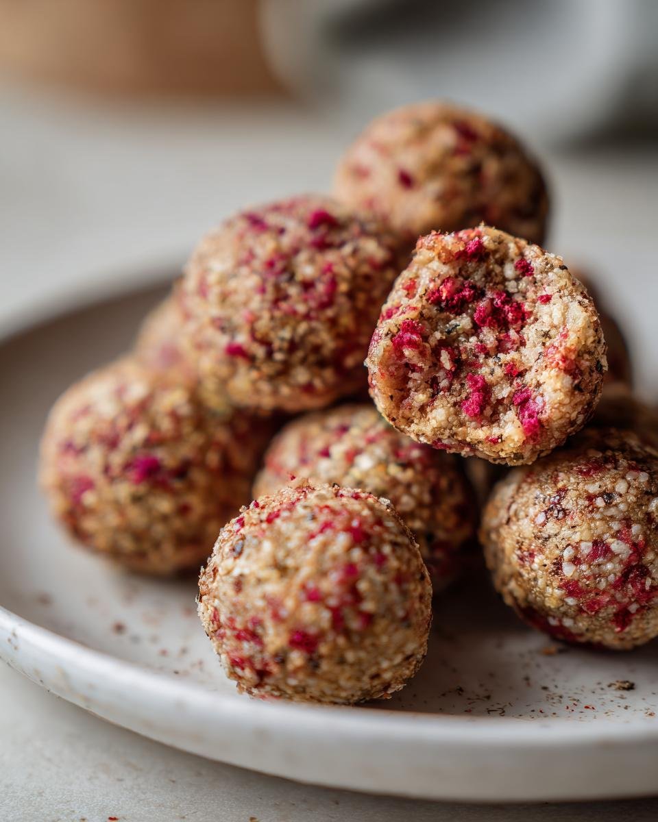 A stack of homemade Strawberry Cheesecake Protein Balls, one is broken open showing the texture inside.