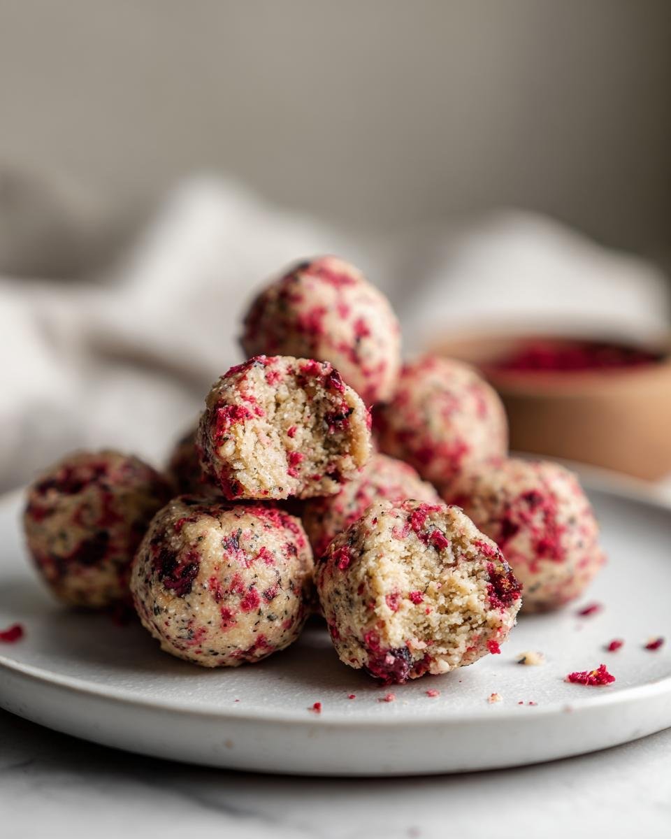 A stack of homemade Strawberry Cheesecake Protein Balls on a light grey plate, one is bitten into.