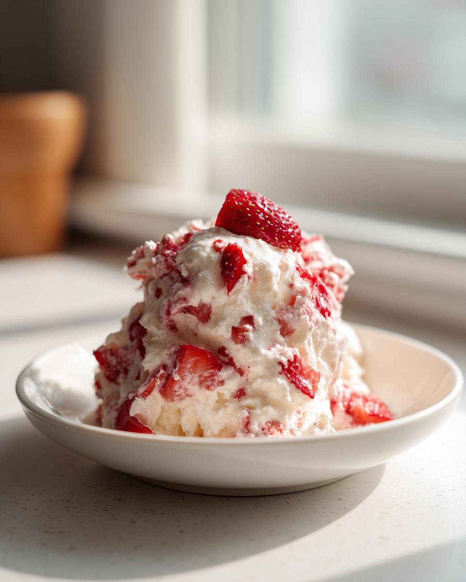 A scoop of creamy Strawberry Shortcake Fluff Salad topped with a fresh strawberry half.