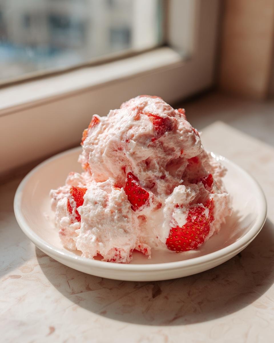 A scoop of light pink Strawberry Shortcake Fluff Salad mixed with chunks of fresh strawberries in a white bowl.