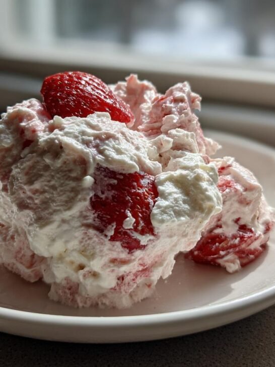 A scoop of creamy Strawberry Shortcake Fluff Salad topped with a fresh strawberry half.