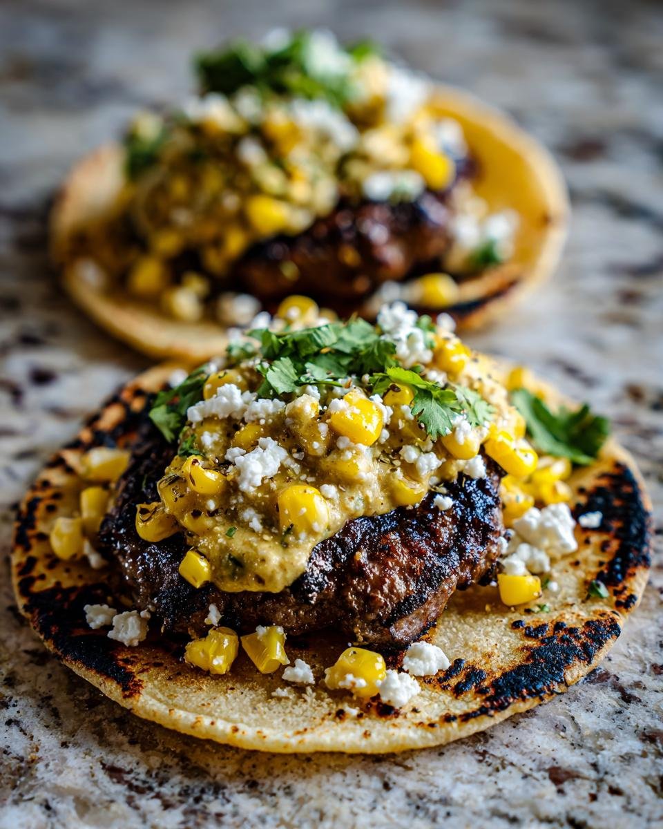 Close-up of a Street Corn Smash Burger Taco topped with charred corn salsa, cotija cheese, and cilantro.