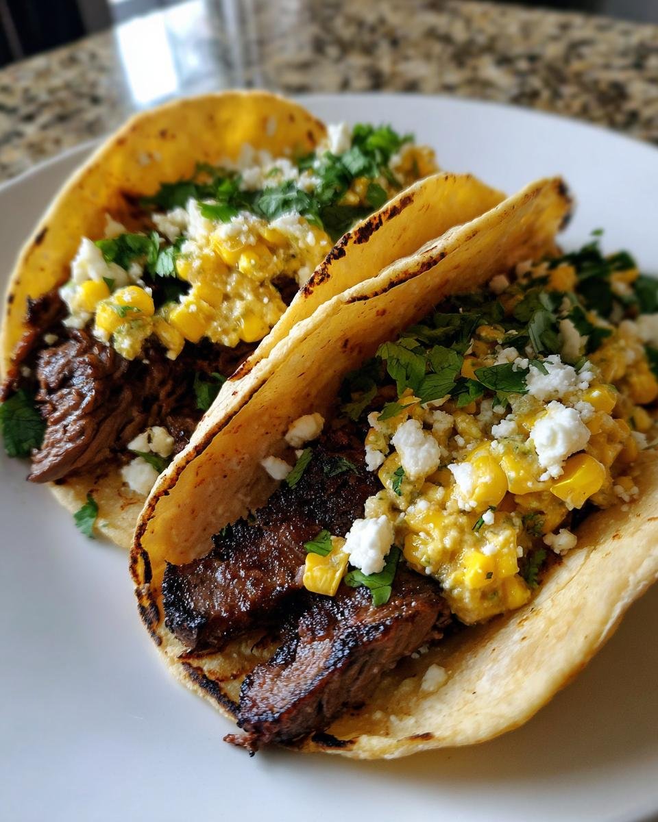 Close-up of two Street Corn Smash Burger Tacos filled with seared meat, creamy corn mixture, and crumbled white cheese.