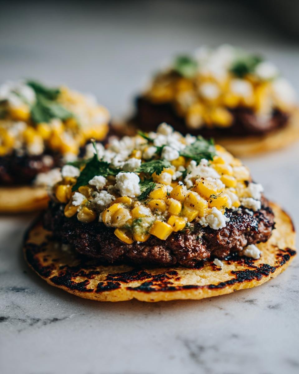 A close-up of a Street Corn Smash Burger Taco featuring a seared patty, elote-style corn, cotija cheese, and cilantro on a charred tortilla.