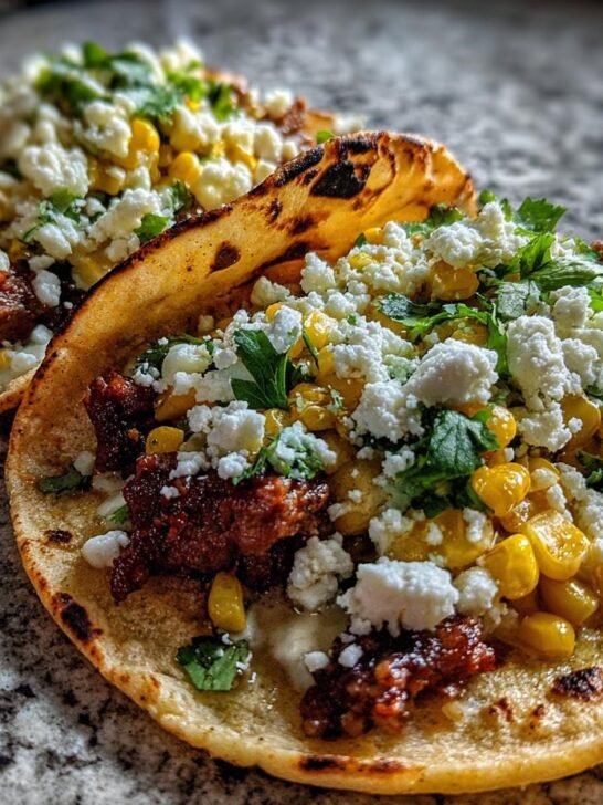 Two toasted tortillas filled with seasoned meat, corn, cotija cheese, and cilantro, showcasing the Street Corn Smash Burger Tacos.