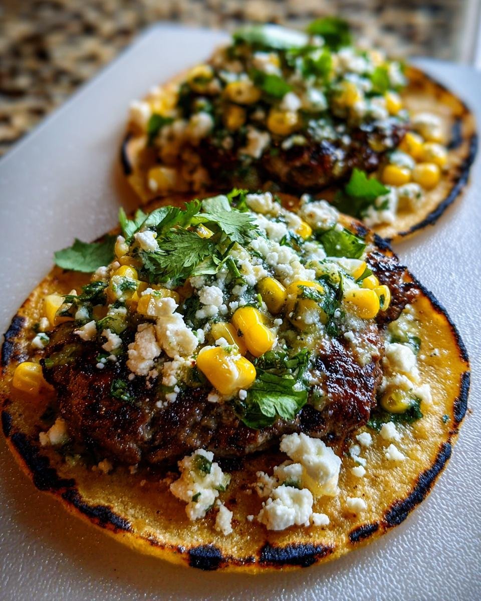 Close-up of two Street Corn Smash Burger Tacos topped with cotija cheese and charred corn.