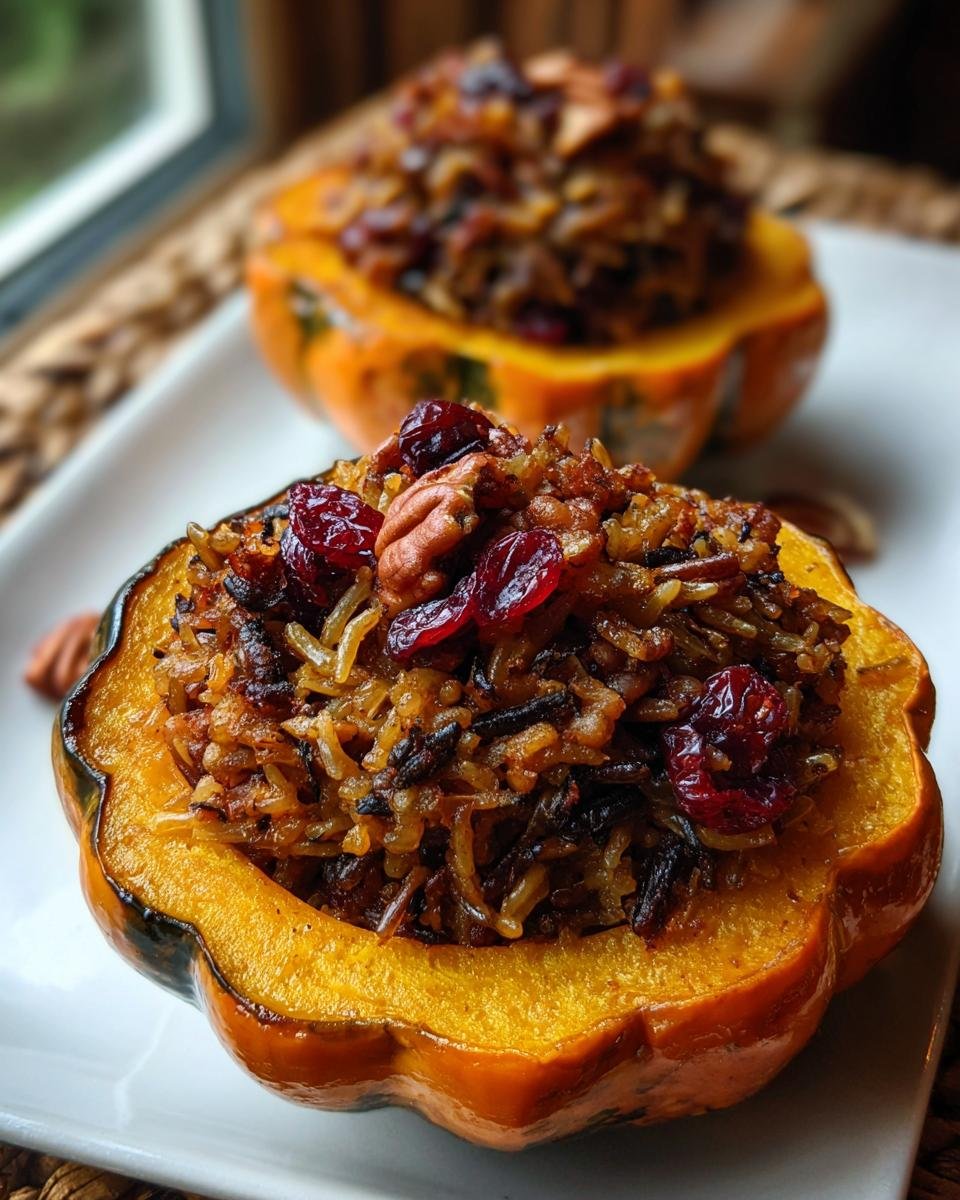 Close-up of a halved acorn squash filled with Stuffed Acorn Squash With Wild Rice, topped with cranberries and pecans.