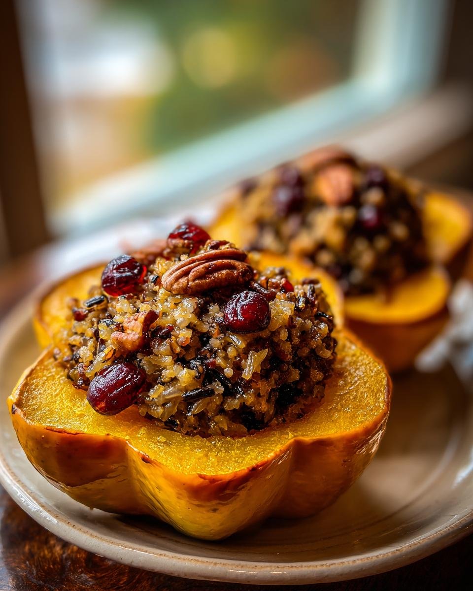 Close-up of Stuffed Acorn Squash With Wild Rice topped with pecans and cranberries.